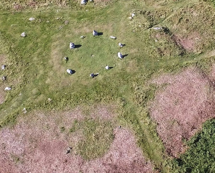 Birdseye view of a field with a rock formation